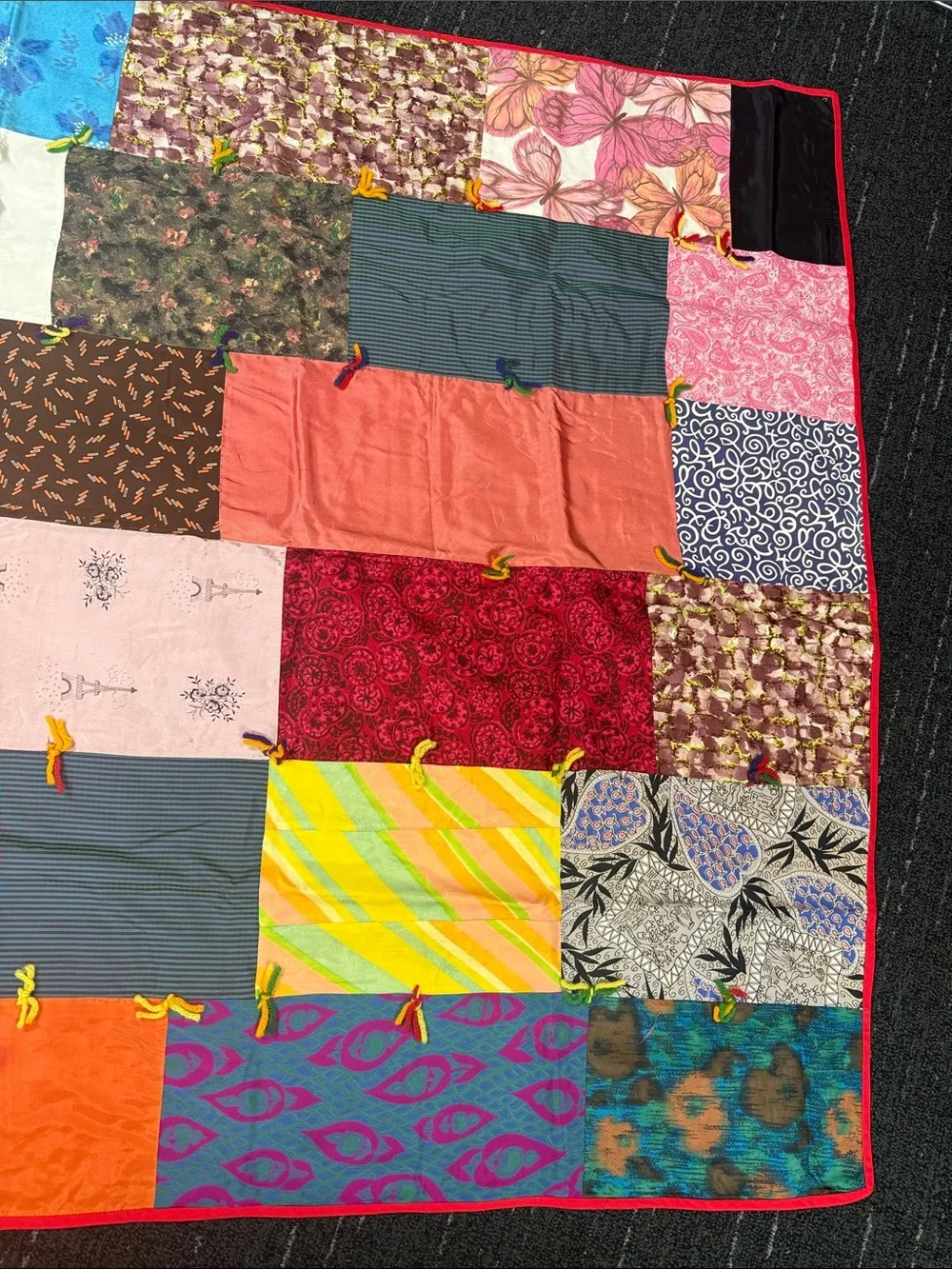 Antique red silk satin specialty fabric patchwork crazy quilt 43” x 64” yarn tie